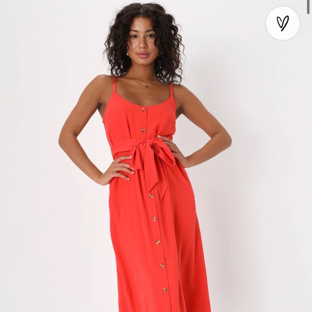 Lulu’s red orange button front midi dress with pockets
